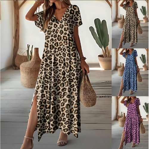 Women Summer Leopard Print V-Neck Short Sleeve Maxi Dress Casual Loose Side Slit Bohemian Beach Long Dress Polyester Apparel