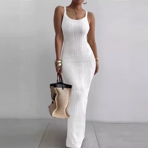Women's Sleeveless V-Neck Bodycon Maxi Dress Elegant Wavy Textured Pleated Long Sling Dress For Summer Party Clubwear Sexy Evening Gown