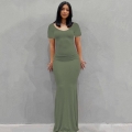 Women Casual Slim Fit Maxi Dress Milk Silk Polyester Blend Short Sleeve Round Neck Bodycon Long Dress Elegant Body Shaping Sexy Evening Party Sun Dress