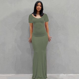 Women Casual Slim Fit Maxi Dress Milk Silk Polyester Blend Short Sleeve Round Neck Bodycon Long Dress Elegant Body Shaping Sexy Evening Party Sun Dress