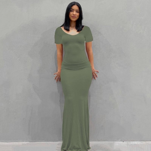 Women Casual Slim Fit Maxi Dress Milk Silk Polyester Blend Short Sleeve Round Neck Bodycon Long Dress Elegant Body Shaping Sexy Evening Party Sun Dress