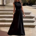Elegant Sleeveless Maxi Dress Polyester Spandex Milk Silk Twist Waist Cinching Round Neck Slim Fit Solid Color Casual Commute Long Dress For Women