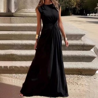 Elegant Sleeveless Maxi Dress Polyester Spandex Milk Silk Twist Waist Cinching Round Neck Slim Fit Solid Color Casual Commute Long Dress For Women