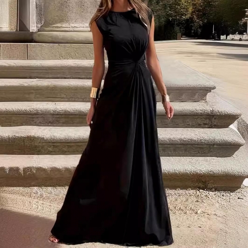 Elegant Sleeveless Maxi Dress Polyester Spandex Milk Silk Twist Waist Cinching Round Neck Slim Fit Solid Color Casual Commute Long Dress For Women