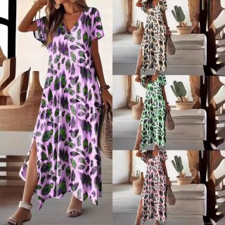 Women's Summer Bohemian V-Neck Short Sleeve Maxi Dress High Waist Side Slit Polyester Leopard Floral Print Casual Beach Long Dress