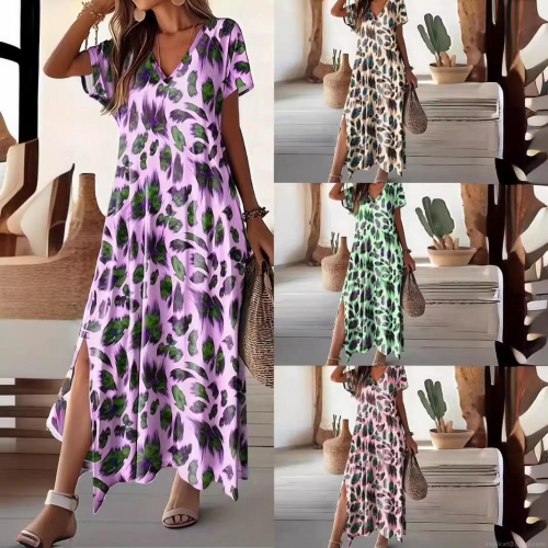 Women's Summer Bohemian V-Neck Short Sleeve Maxi Dress High Waist Side Slit Polyester Leopard Floral Print Casual Beach Long Dress