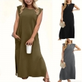 Women's Summer Sleeveless Maxi Dress Oversized Casual Round Neck A-Line Long Dress With Pockets Side Slit Polyester Spandex Milk Silk Comfy Daily Dress