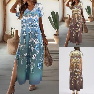 Women's Bohemian Floral Printed Maxi Dress V-Neck Short Sleeve Side Split Summer Vacation Beach Long Dress Elegant Polyester Spandex Pullover Sundress