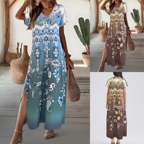 Women's Bohemian Floral Printed Maxi Dress V-Neck Short Sleeve Side Split Summer Vacation Beach Long Dress Elegant Polyester Spandex Pullover Sundress