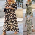 Women's Leopard Print Long Sleeve Maxi Dress Casual V Neck A-Line Pullover Long Dress For Daily Party Dating Comfortable Polyester Spandex Blend Autumn Fashion Clothing