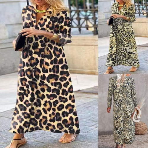 Women's Leopard Print Long Sleeve Maxi Dress Casual V Neck A-Line Pullover Long Dress For Daily Party Dating Comfortable Polyester Spandex Blend Autumn Fashion Clothing
