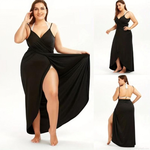 Women's Plus Size Sexy Backless Maxi Dress Summer V-Neck High Slit Solid Black Spaghetti Strap Beach Long Dress Polyester Spandex Sleeveless Dress