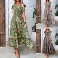 Women's Bohemian Paisley Floral Print Maxi Dress Polyester Spandex V Neck Puff Short Sleeve Smocked High Waist Flowy Long Dress for Summer Vacation