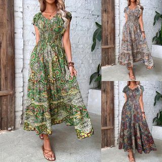 Women's Bohemian Paisley Floral Print Maxi Dress Polyester Spandex V Neck Puff Short Sleeve Smocked High Waist Flowy Long Dress for Summer Vacation