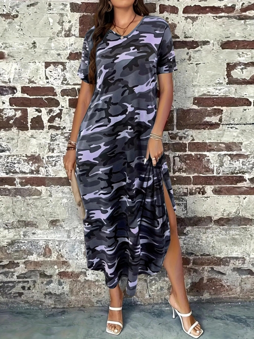Women's Casual Camouflage Print Maxi Dress Polyester Spandex V Neck Short Sleeve Long Dress With Pockets Side Split Summer Beach Loose Fit Dress