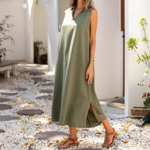 Women's Casual Sleeveless V-Neck Maxi Dress Solid Color Loose Side Slit Summer Beach Sun Dress for Women Polyester Spandex Cotton Linen Texture Comfortable Vacation Long Dress