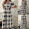 Women's Fashion V-Neck Short Sleeve Plaid Maxi Dress Polyester Spandex Tiered Cake Skirt Casual Summer Beach Loose Long Dress Elegant Streetwear