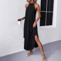 Women's Elegant Halter Neck Maxi Dress Sleeveless Backless Side Slit Long Dress Sexy Solid Color Slim Fit Summer Sundress For Party Vacation