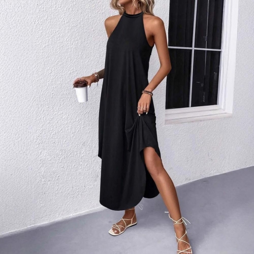 Women's Elegant Halter Neck Maxi Dress Sleeveless Backless Side Slit Long Dress Sexy Solid Color Slim Fit Summer Sundress For Party Vacation
