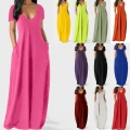 Women's Plus Size Milk Silk Maxi Dress Short Sleeve V-Neck Casual Solid Color Big Swing Long Dress With Pockets Summer Vacation Beach Sundress