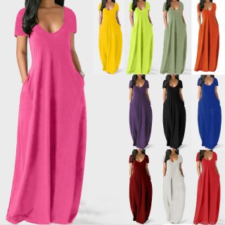 Women's Plus Size Milk Silk Maxi Dress Short Sleeve V-Neck Casual Solid Color Big Swing Long Dress With Pockets Summer Vacation Beach Sundress
