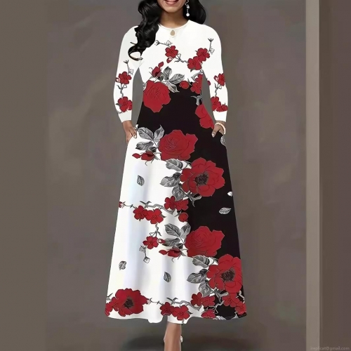 Women's Plus Size Floral Print Maxi Dress Elegant Long Sleeve High Waist Round Neck Big Swing Dress With Pockets Floral Pattern Polyester Spandex Milk Silk Long Dress For Casual Evening Party Commute Women
