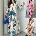 Women Bohemian Abstract Print V Neck Long Sleeve Button Front Loose Fit Maxi Dress Lightweight Polyester Spandex Vacation Casual Elegant A Line Dress