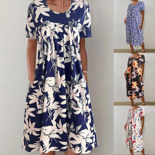 Women's Plus Size Floral Print Maxi Dress High Waist Round Neck Milk Silk Swing Hem Dress With Pockets Casual Elegant Vacation Long Dress