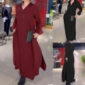 Elegant Solid Color V Neck Long Sleeve Maxi Dress With POLO Collar Side Slit Slim Fit Polyester Knitted Long Dress For Women Autumn Winter Party Workwear