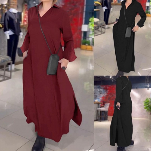 Elegant Solid Color V Neck Long Sleeve Maxi Dress With POLO Collar Side Slit Slim Fit Polyester Knitted Long Dress For Women Autumn Winter Party Workwear