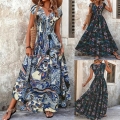 Women's Bohemian Paisley Print Maxi Dress Elegant Deep V-Neck Short Sleeve Summer Vacation High Waist A-Line Side Slit Long Dress