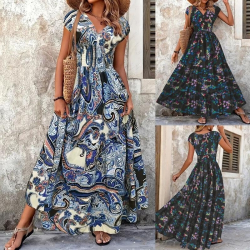 Women's Bohemian Paisley Print Maxi Dress Elegant Deep V-Neck Short Sleeve Summer Vacation High Waist A-Line Side Slit Long Dress