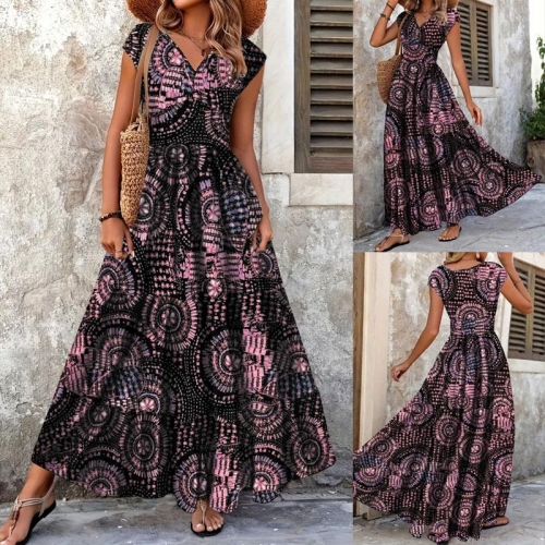 Women's Plus Size Bohemian Maxi Dress Geometric Floral Print V-Neck Short Sleeve High Waist A-Line Long Dress Polyester Spandex Vacation Party Wear