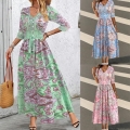 Women's Bohemian Floral Print Maxi Dress Elegant V-Neck Drawstring High Waist A-Line Long Dress For Vacation Casual Summer Resort Dress