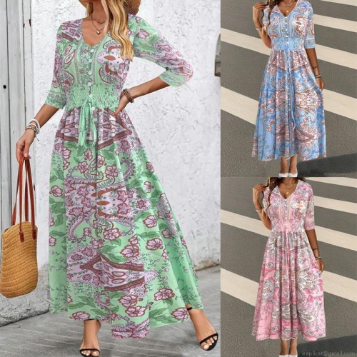 Women's Bohemian Floral Print Maxi Dress Elegant V-Neck Drawstring High Waist A-Line Long Dress For Vacation Casual Summer Resort Dress