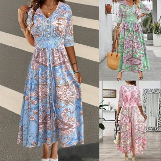 Women's Bohemian Print Maxi Dress V-Neck Mid Sleeve A-Line Flowy Vacation Long Dress Plus Size Polyester Spandex Blend Milk Silk Casual Elegant Floral Paisley Pattern Dress