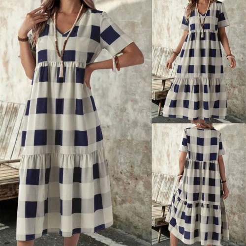 Women's Plaid Maxi Dress V Neck Short Sleeve Polyester Spandex Milk Silk Fabric Boho Summer Beach Vacation Gingham Check Printed Loose Fit Plus Size Dress