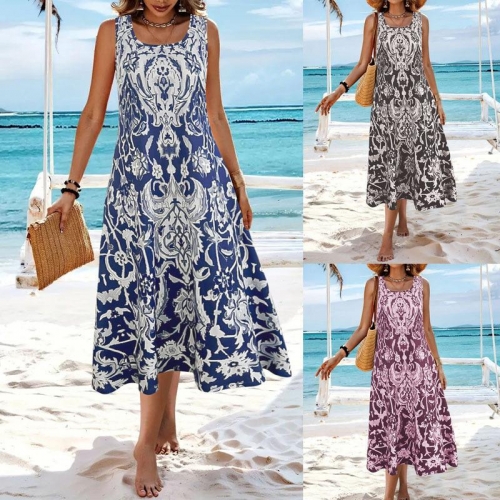 Women Bohemian Floral Print Sleeveless Maxi Dress Elegant Round Neck Loose A-Line Long Beach Sun Dress For Vacation Party Casual Wear Plus Size
