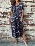 Women's Plus Size Camouflage Print Maxi Dress Casual V-Neck Short Sleeve Pocket Long Dress Comfortable Polyester Spandex Blend Loose Fit Streetwear Summer Vacation Sundress With Side Slit
