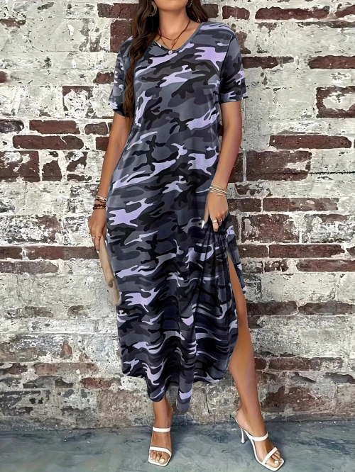 Women's Plus Size Camouflage Print Maxi Dress Casual V-Neck Short Sleeve Pocket Long Dress Comfortable Polyester Spandex Blend Loose Fit Streetwear Summer Vacation Sundress With Side Slit