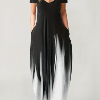 Women Plus Size Maxi Dress Polyester Spandex Gradient Flame Print Deep V Neck Short Sleeve Casual Long Dress With Pockets Loose Fit Summer Beach Wear