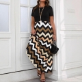 Women's Summer Short Sleeve Patchwork Maxi Dress Casual Round Neck A-Line Chevron Printed Long Dress With Pockets Polyester Spandex Outfit
