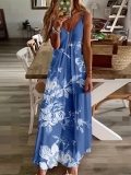 Summer V-Neck Spaghetti Strap Floral Print Maxi Dress Women Polyester Spandex Milk Silk Bohemian Loose Fit Beach Vacation Holiday Casual Long Dresses