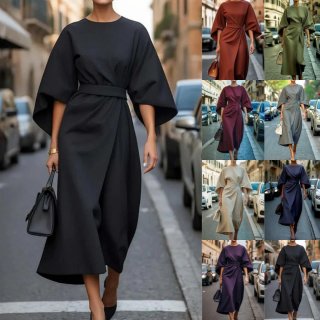 Elegant Women Batwing Sleeve Maxi Dress Solid Color Waist Tie Commuter Long Dress Casual Party High Waist Polyester Gown For Ladies