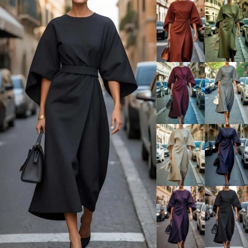 Elegant Women Batwing Sleeve Maxi Dress Solid Color Waist Tie Commuter Long Dress Casual Party High Waist Polyester Gown For Ladies