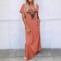 Women's Plus Size Maxi Dress Retro Bull Head Letter Print Short Sleeve Round Neck Polyester Spandex Blend Casual Summer Dress With Pockets