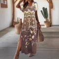 Women's Plus Size Bohemian Floral Maxi Dress Elegant V-neck Short Sleeve Side Slit Long Summer Vacation Beach Dress Polyester Spandex Blend