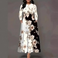 Elegant Floral Print Loose Long Sleeve Round Neck High Waist Maxi Dress With Pockets For Women Casual Party Polyester Spandex Blend Dress