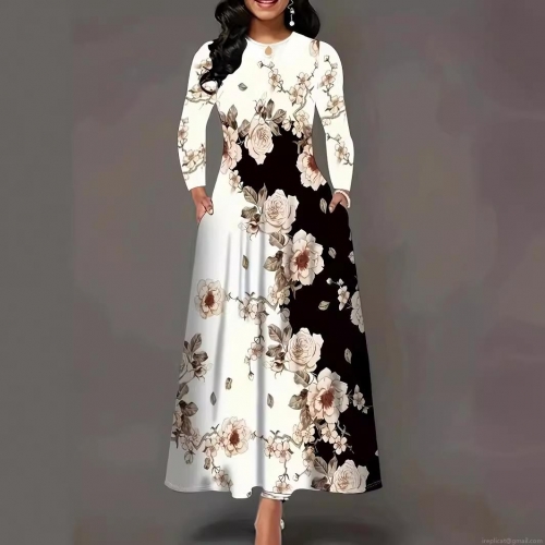 Elegant Floral Print Loose Long Sleeve Round Neck High Waist Maxi Dress With Pockets For Women Casual Party Polyester Spandex Blend Dress