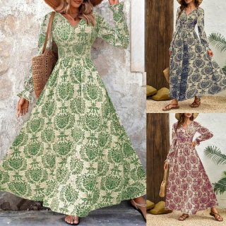 Women Plus Size Vintage Damask Print Maxi Dress V-Neck Long Sleeve Elastic Waist Bohemian Long Dresses Elegant Autumn Winter Fashion Plus Size Gowns